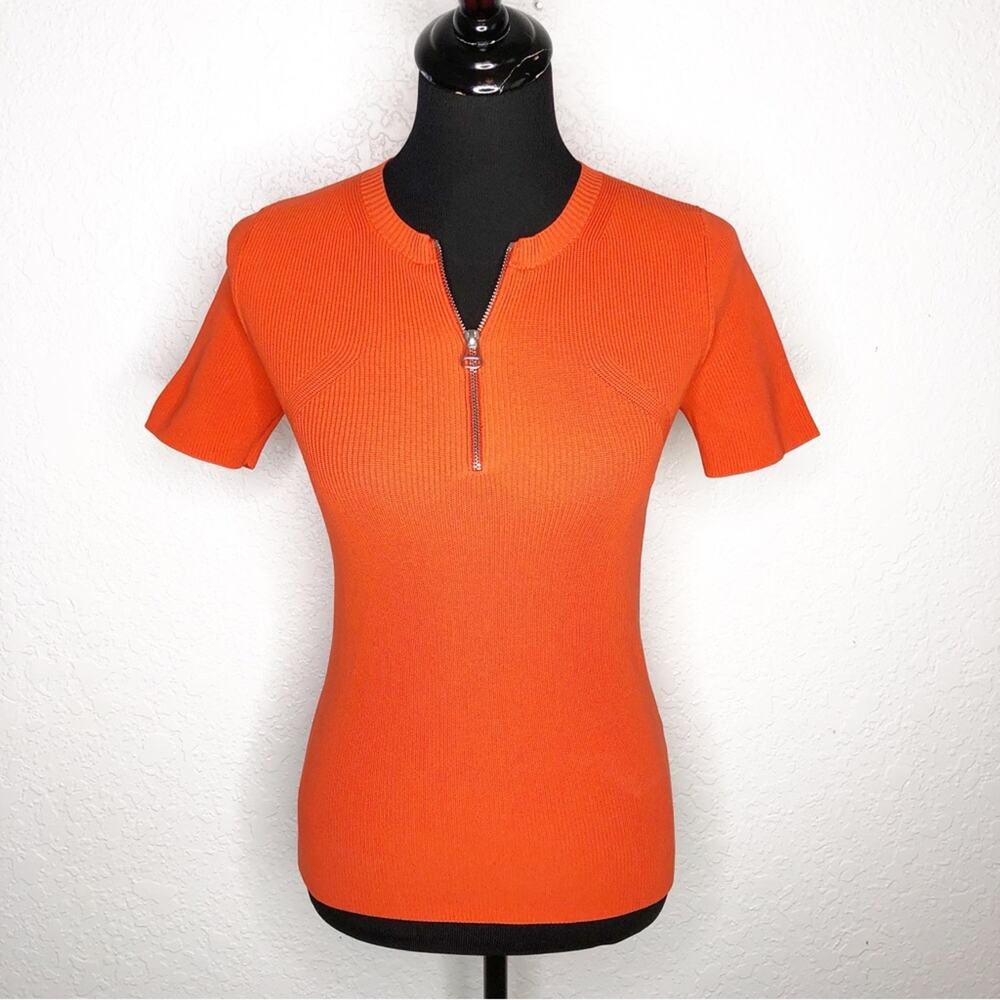 Helmut Lang orange ribbed knit zip front short sleeve sweater size Small